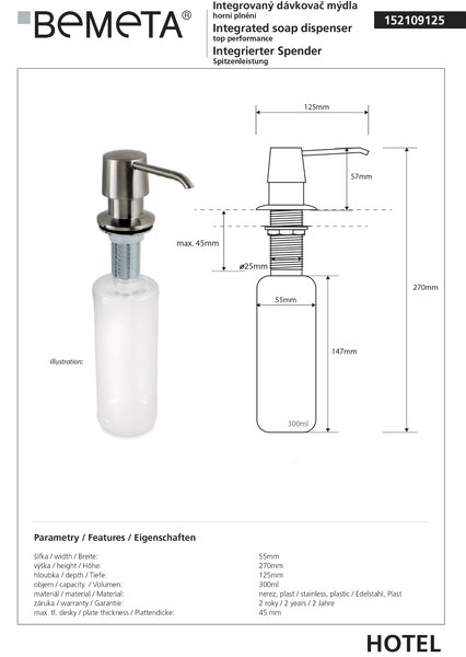 Bemeta Design Dávkovač mydla/saponátu, 300 ml, integrovaný, mosadz/plast, mat - 152109125