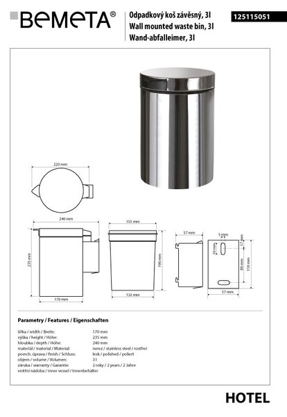 Bemeta Design Odpadkový kôš, 3 l, nerez, lesk - 125115051