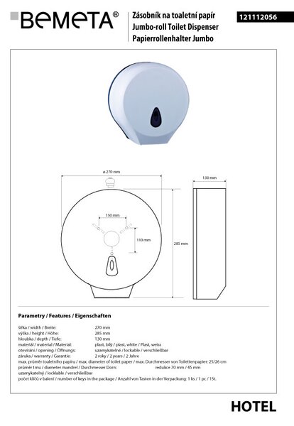 Bemeta Design Zásobník toaletného papiera, plast biely - 121112056