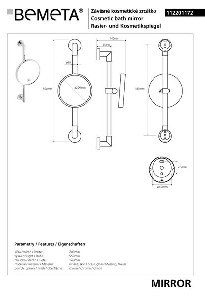 Bemeta Design Kozmetické zrkadlo, ø 200 mm, jednostranné, na tyči - 112201172