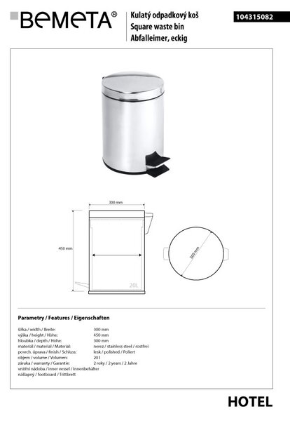 Bemeta Design Odpadkový kôš, 20 l, nerez, lesk - 104315082