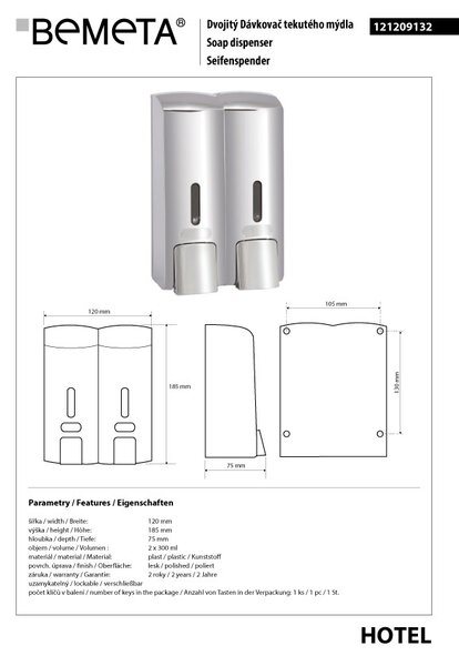 Bemeta Design Dávkovač mydla, 2 x 300 ml, dvojitý, plast, lesk - 121209132