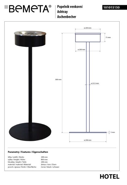 Bemeta Design Popolník vonkajší, čierny - 101015150