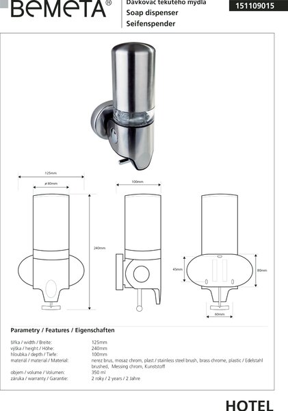 Bemeta Design Dávkovač mydla, 350 ml, nerez, mat - 151109015