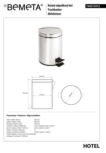Bemeta Design Odpadkový kôš, 5 l, nerez, lesk - 104315012
