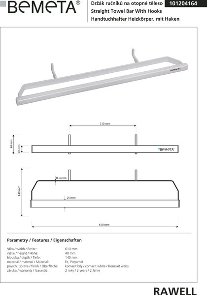 Bemeta Design RAWELL: Držiak uterákov na vykurovacie teleso, 310 mm, biely - 101204164