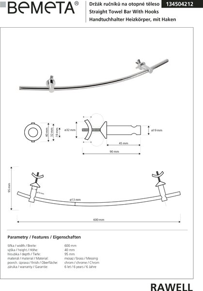 Bemeta Design RAWELL: Držiak uterákov na vykurovacie teleso, 600 mm, lesk - 134504212