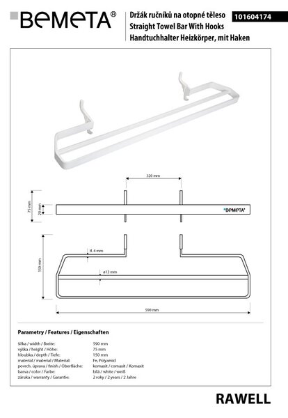 Bemeta Design RAWELL: Držiak uterákov na vykurovacie teleso 320 mm, biela - 101604174