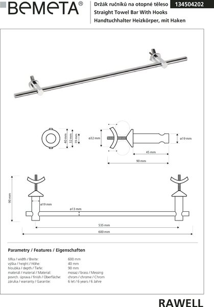 Bemeta Design RAWELL: Držiak uterákov na vykurovacie teleso, 535 mm, lesk - 134504202