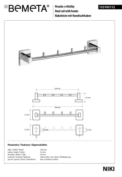 Bemeta Design NIKI: Vešiak, 260 mm, so 4 háčikmi - 153105112