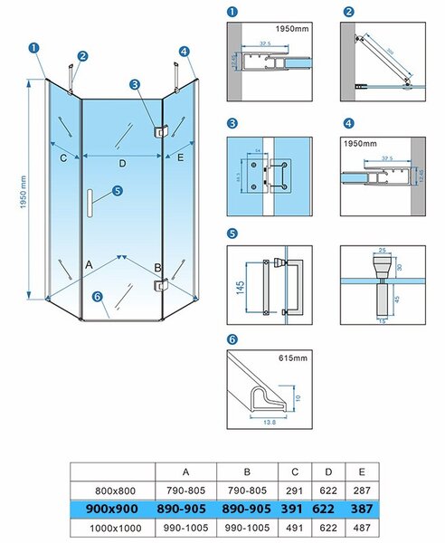 BPS-koupelny Päťuholníkový sprchovací kút KZ10B GL 90x90 zlatá/transparent - bez vaničky