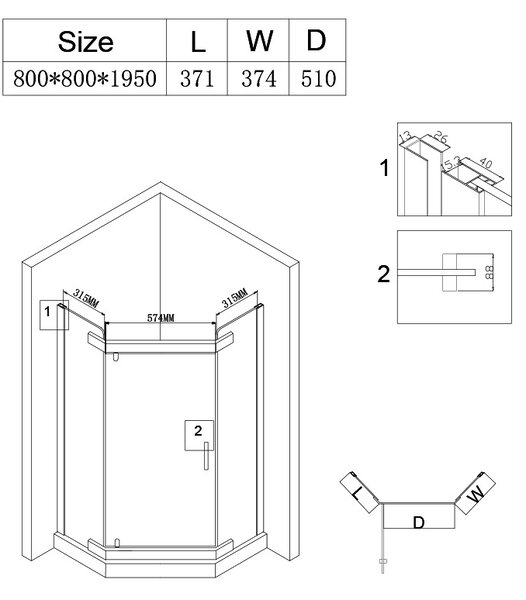 BPS-koupelny Päťuholníkový sprchový kút KZ91A 80x80 zlatá/transparent - bez vaničky