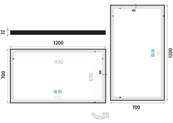 Nimco Čierne LED zrkadlo 1200x700 s dvoma dotykovými senzormi - ZPC 13006VX-90