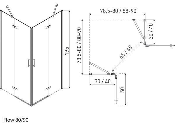 Novoterm Štvorcový sprchový kút NV-Flow 90x90 čierna/transparent - bez vaničky