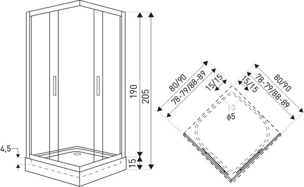 Novoterm Štvorcový sprchový kút NV-Soho 80x80 čierna/ornamentálne sklo - bez vaničky