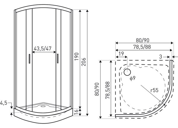 Novoterm Štvrťkruhový sprchový kút NV-Madera 80x80 chróm/potlač - bez vaničky