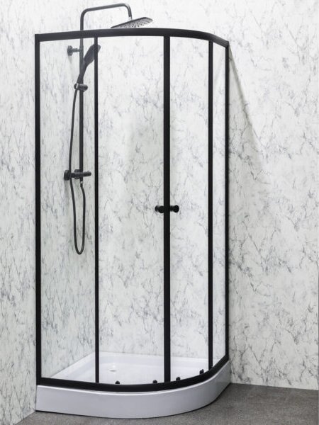 Novoterm Štvrťkruhový sprchový kút NV-Leo 90x90 čierna/transparent + vanička