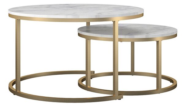 Biele/v zlatej farbe okrúhle konferenčné stolíky v súprave 2 ks s doskou v dekore mramoru ø 79 cm Amelia – CosmoLiving by Cosmopolitan