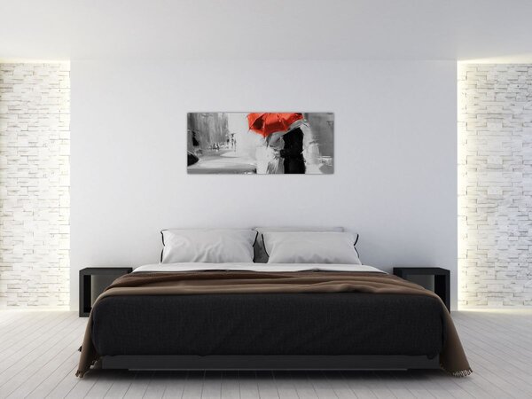 Obraz - Zamilovaný pár pod dáždnikom, červený (120x50 cm)