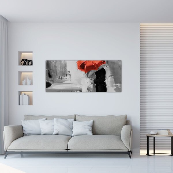 Obraz - Zamilovaný pár pod dáždnikom, červený (120x50 cm)
