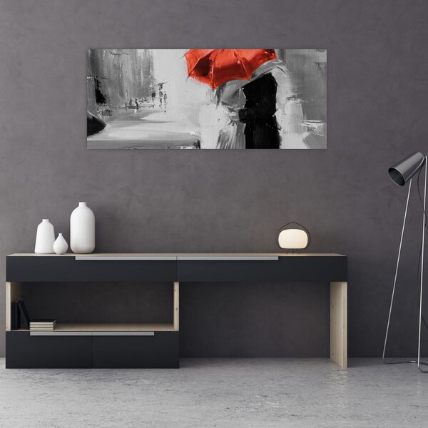 Obraz - Zamilovaný pár pod dáždnikom, červený (120x50 cm)