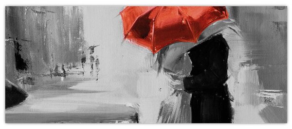 Obraz - Zamilovaný pár pod dáždnikom, červený (120x50 cm)