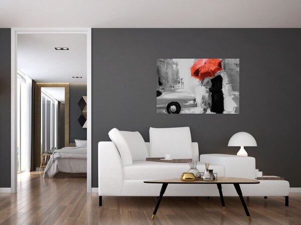 Obraz - Zamilovaný pár pod dáždnikom, červený (90x60 cm)