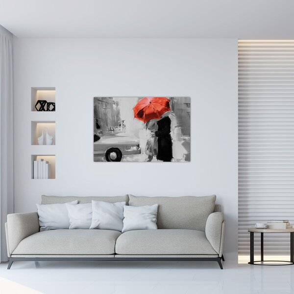 Obraz - Zamilovaný pár pod dáždnikom, červený (90x60 cm)