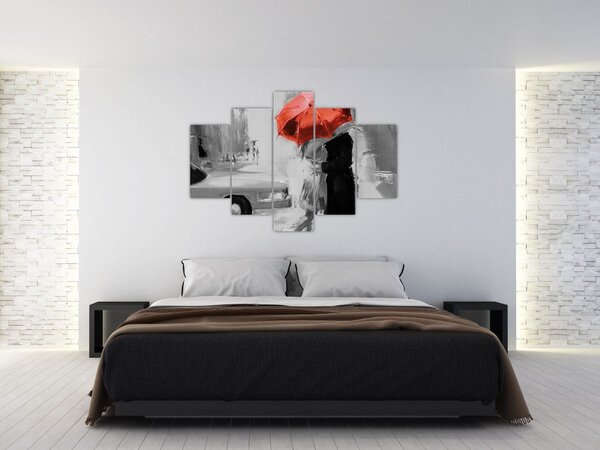 Obraz - Zamilovaný pár pod dáždnikom, červený (150x105 cm)