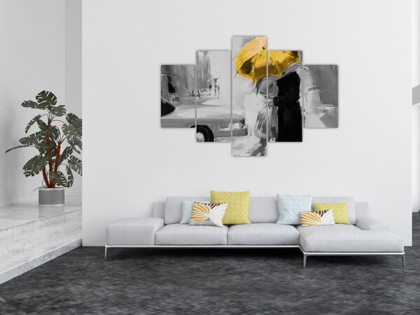 Obraz - Zamilovaný pár pod dáždnikom, žltý (150x105 cm)
