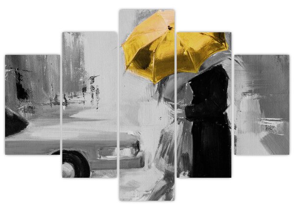 Obraz - Zamilovaný pár pod dáždnikom, žltý (150x105 cm)