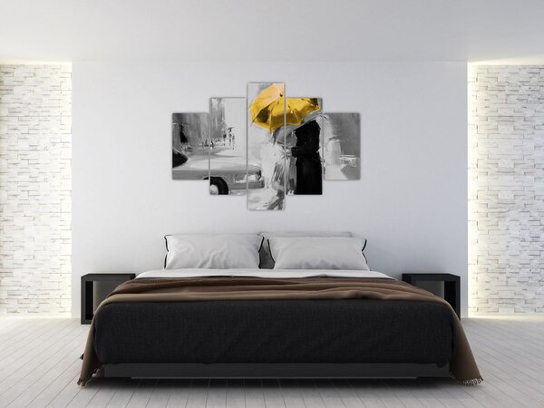 Obraz - Zamilovaný pár pod dáždnikom, žltý (150x105 cm)