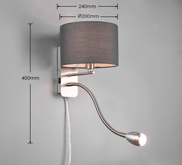 Trio 271170211 LED nástenné svietidlo Hotel 1x40W | E14 + 1x LED 3,1W | 310lm | 3000K - ohybné rameno, oddelené vypínače, matný nikel, šedá