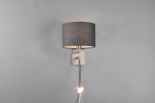 Trio 271170211 LED nástenné svietidlo Hotel 1x40W | E14 + 1x LED 3,1W | 310lm | 3000K - ohybné rameno, oddelené vypínače, matný nikel, šedá