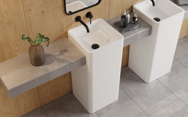 Besco Voľne stojace umývadlo z liateho mramoru Aygo Matt UM VS 40x40 cm BESCO-Typ výpuste: Click-Clack so štrbinovým prepadom, chróm