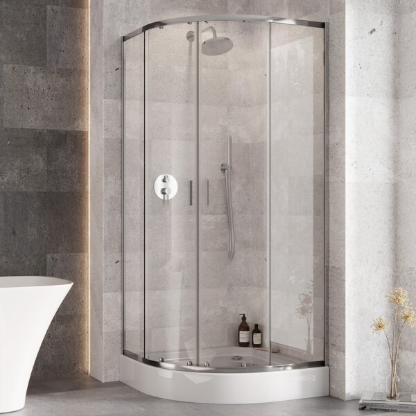 Besco Štvrťkruhový sprchový kút ZARYA CHROM HR 80x80 (90x90) + vanička ALEX SE čierna BESCO-Rozmery: 80x80