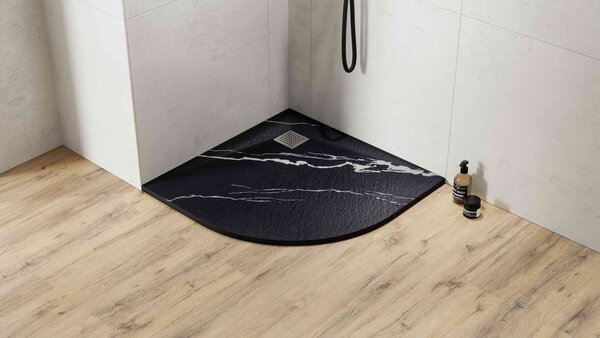 Besco Štvrťkruhová sprchová vanička z SMC kompozitu VEXO MARBLE BLACK HR 90x90 BESCO-Rozmery: 90x90