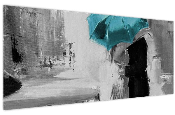 Obraz - Zamilovaný pár s dáždnikom, modrý (120x50 cm)