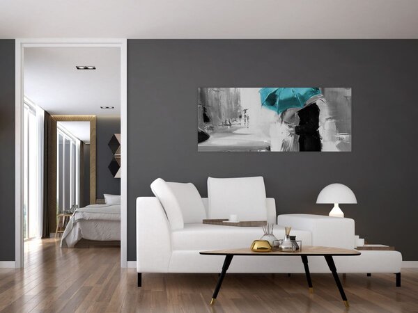 Obraz - Zamilovaný pár s dáždnikom, modrý (120x50 cm)