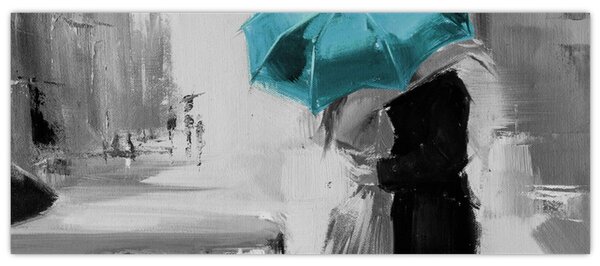 Obraz - Zamilovaný pár s dáždnikom, modrý (120x50 cm)