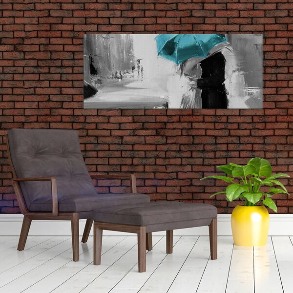 Obraz - Zamilovaný pár s dáždnikom, modrý (120x50 cm)