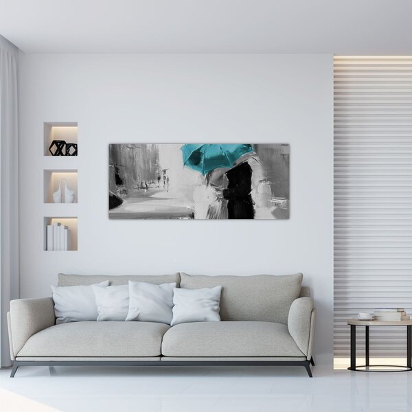 Obraz - Zamilovaný pár s dáždnikom, modrý (120x50 cm)