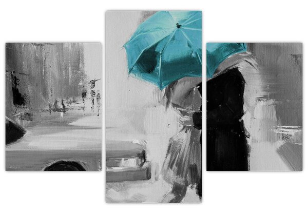 Obraz - Zamilovaný pár s dáždnikom, modrý (90x60 cm)