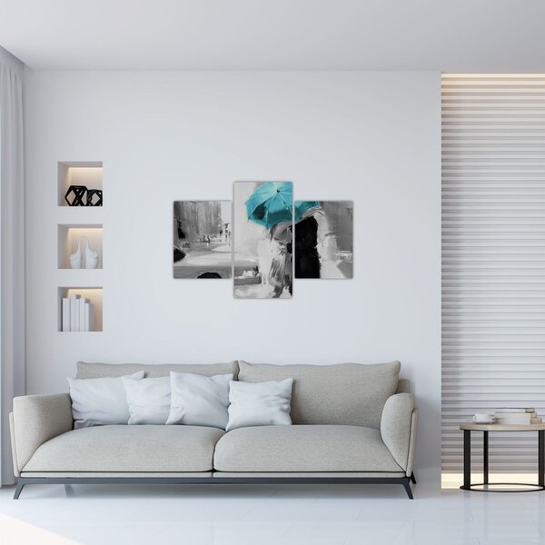Obraz - Zamilovaný pár s dáždnikom, modrý (90x60 cm)
