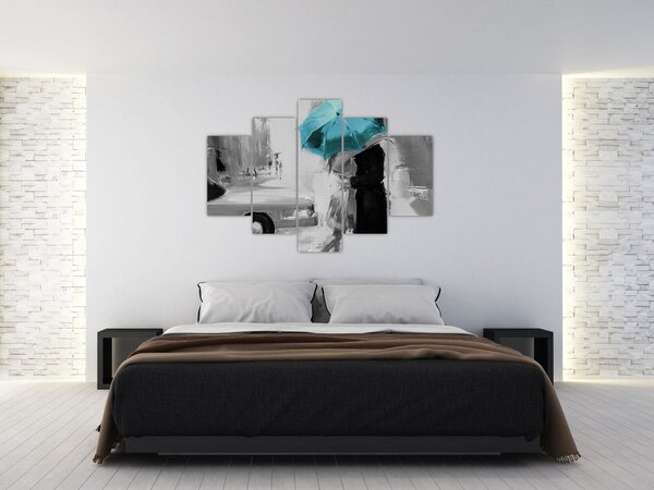Obraz - Zamilovaný pár s dáždnikom, modrý (150x105 cm)