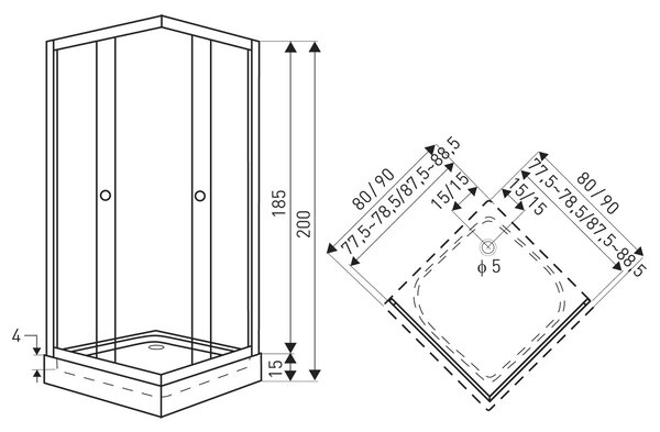 Novoterm Štvorcový sprchový kút NV-Xenia 90x90 čierna/potlač + vanička
