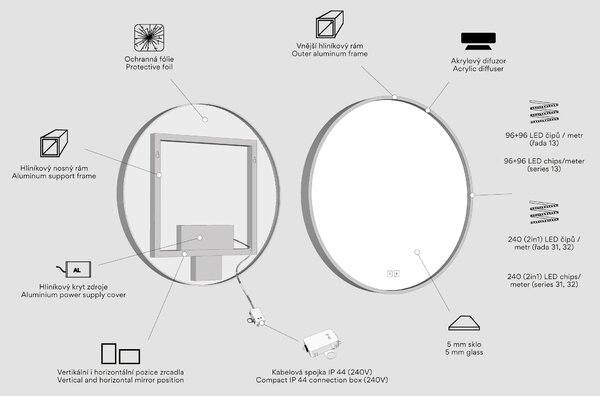 Nimco Biele okrúhle LED zrkadlo pr. 700 mm s dvoma dotykovými senzormi - ZPB 28001RVX-05