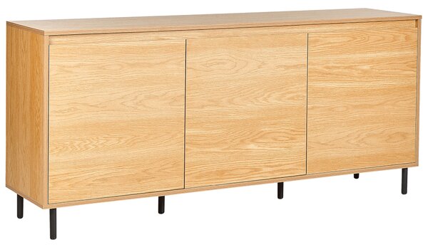 Komoda svetlé drevo MDF 165 x 75 x 40 cm čierne kovové nohy 3 dvierka úložný priestor moderný štýl obývačka spálňa