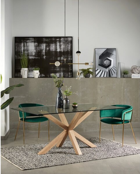 Sklenený jedálenský stôl s prírodným podnožím Kave Home, 160 x 90 cm