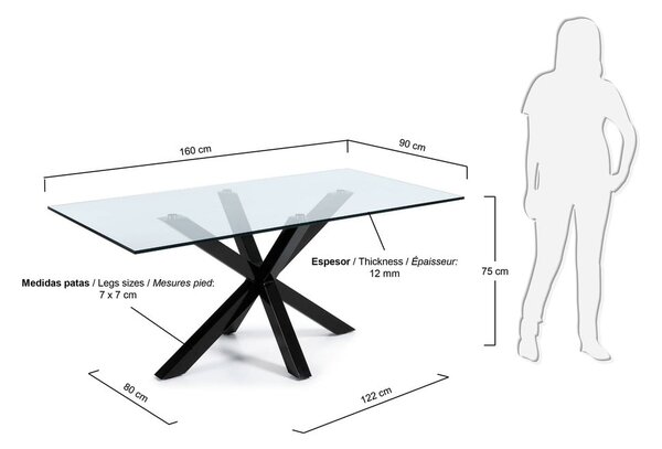 Jedálenský stôl so sklenenou doskou Kave Home s čiernym podnožím, 160 x 90 cm